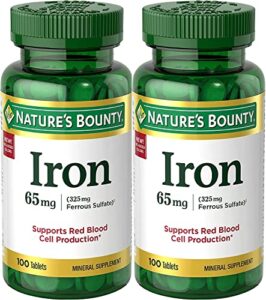 nature’s bounty iron 65mg, 325 mg ferrous sulfate, cellular energy support, promotes normal red blood cell production, 100 tablets - pack of 2