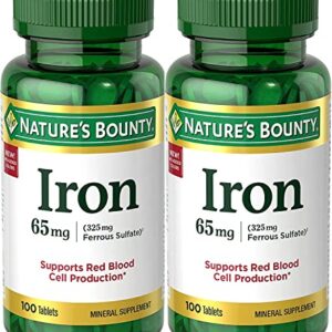 Nature’s Bounty Iron 65mg, 325 mg Ferrous Sulfate, Cellular Energy Support, Promotes Normal Red Blood Cell Production, 100 Tablets - Pack of 2