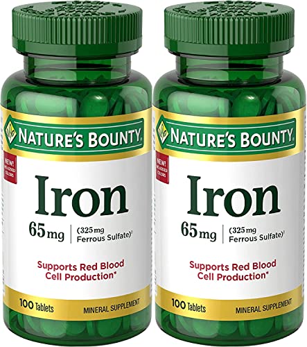 Nature’s Bounty Iron 65mg, 325 mg Ferrous Sulfate, Cellular Energy Support, Promotes Normal Red Blood Cell Production, 100 Tablets - Pack of 2