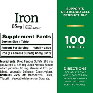 Nature’s Bounty Iron 65mg, 325 mg Ferrous Sulfate, Cellular Energy Support, Promotes Normal Red Blood Cell Production, 100 Tablets - Pack of 2