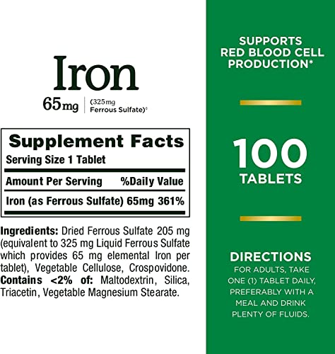 Nature’s Bounty Iron 65mg, 325 mg Ferrous Sulfate, Cellular Energy Support, Promotes Normal Red Blood Cell Production, 100 Tablets - Pack of 2