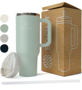 spout 40 oz tumbler with handle and straw, insulated stainless steel water bottle with straw - travel mug | bpa safe tumblers | iced drinks, water, cold/hot coffee - cupholder friendly - sage