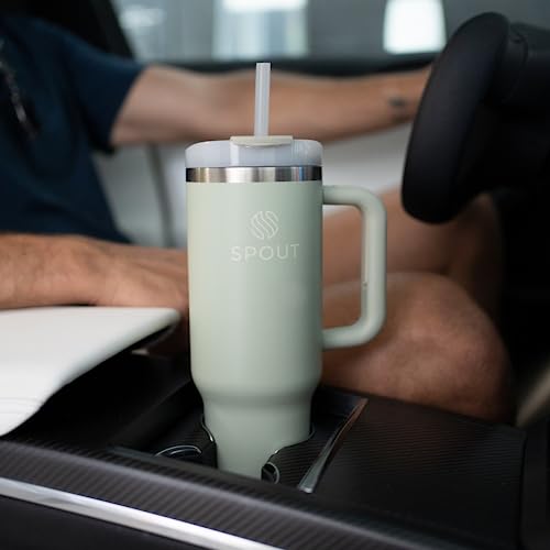 SPOUT 40 oz Tumbler With Handle And Straw, Insulated Stainless Steel Water Bottle With Straw - Travel Mug | BPA Safe Tumblers | Iced Drinks, Water, Cold/Hot Coffee - Cupholder Friendly - Sage