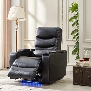 Comfort Stretch Electric Power Recliner Chair with LED Lights, Faux Leather Home Theater Seating, Recline Single Sofa Chair for Living Room with Swivel Tray Table, Hidden Arm Storage, Cup Holder-Black