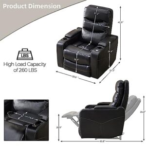 Comfort Stretch Electric Power Recliner Chair with LED Lights, Faux Leather Home Theater Seating, Recline Single Sofa Chair for Living Room with Swivel Tray Table, Hidden Arm Storage, Cup Holder-Black