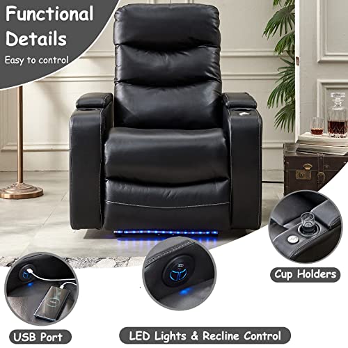 Comfort Stretch Electric Power Recliner Chair with LED Lights, Faux Leather Home Theater Seating, Recline Single Sofa Chair for Living Room with Swivel Tray Table, Hidden Arm Storage, Cup Holder-Black