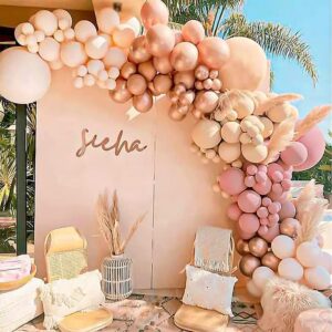 162 piece dusty retro colors balloon arch double stuffed with a balloon arch garland kit, retro dusty pink, retro apricot, matte cream peach and chrome rose gold