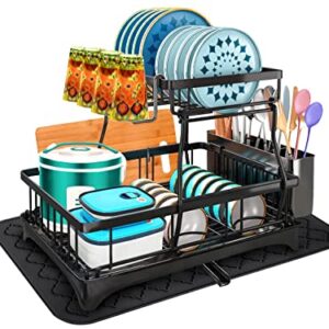 BaverlyBlue Dish Drying Rack with Drainboard, 2 Tier Dish Rack Easy to Install Dish Drying Rack for Kitchen Counter with Cutting Board Rack Silicone Mat (24 * 16inch)-Dish Rack (Black)