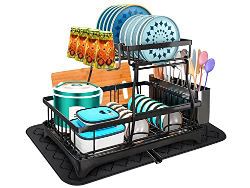 BaverlyBlue Dish Drying Rack with Drainboard, 2 Tier Dish Rack Easy to Install Dish Drying Rack for Kitchen Counter with Cutting Board Rack Silicone Mat (24 * 16inch)-Dish Rack (Black)