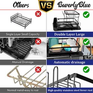 BaverlyBlue Dish Drying Rack with Drainboard, 2 Tier Dish Rack Easy to Install Dish Drying Rack for Kitchen Counter with Cutting Board Rack Silicone Mat (24 * 16inch)-Dish Rack (Black)