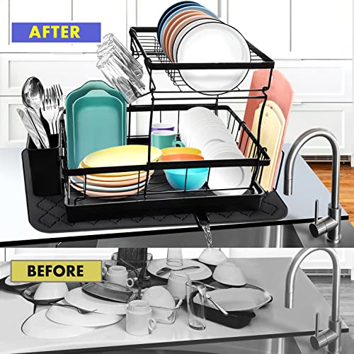 BaverlyBlue Dish Drying Rack with Drainboard, 2 Tier Dish Rack Easy to Install Dish Drying Rack for Kitchen Counter with Cutting Board Rack Silicone Mat (24 * 16inch)-Dish Rack (Black)