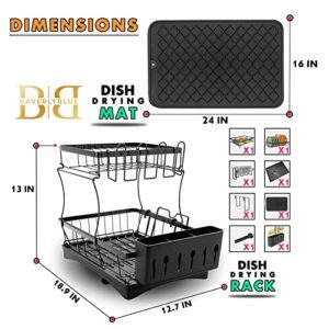 BaverlyBlue Dish Drying Rack with Drainboard, 2 Tier Dish Rack Easy to Install Dish Drying Rack for Kitchen Counter with Cutting Board Rack Silicone Mat (24 * 16inch)-Dish Rack (Black)