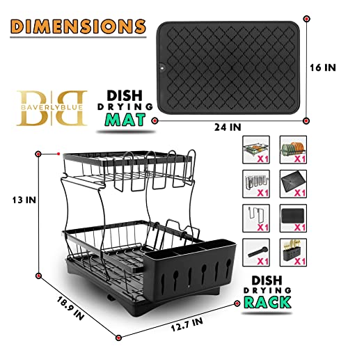 BaverlyBlue Dish Drying Rack with Drainboard, 2 Tier Dish Rack Easy to Install Dish Drying Rack for Kitchen Counter with Cutting Board Rack Silicone Mat (24 * 16inch)-Dish Rack (Black)