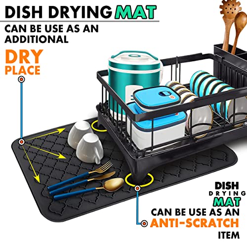 BaverlyBlue Dish Drying Rack with Drainboard, 2 Tier Dish Rack Easy to Install Dish Drying Rack for Kitchen Counter with Cutting Board Rack Silicone Mat (24 * 16inch)-Dish Rack (Black)