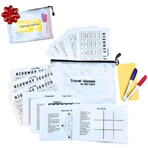 travel games for families: highway game, 36 unique games, reusable laminated cards with dry erase markers, kid scavenger hunt game, multiplayer games for kids, car and airplane approved
