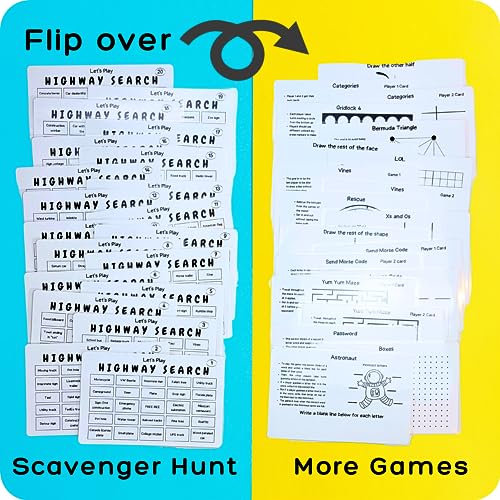 Travel Games For Families: Highway Game, 36 Unique Games, Reusable Laminated Cards with Dry Erase Markers, Kid Scavenger Hunt Game, Multiplayer Games for Kids, Car and Airplane Approved
