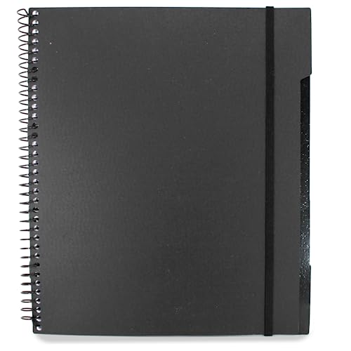 Confetti Spiral Notebook - Hole Punched - 4 Removable Dividers, Spill Proof Cover, Closing Elastic Band, Storage Pocket - Sturdy Bound Notepad, School & Office Supplies - 200 Sheets - Black