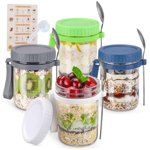 overnight oats containers with lids and spoons, 4 pack 16oz glass mason jars for overnight oats with recipe card, ingredients guide marks, measuring cups and silicone straps for overnight oats jars