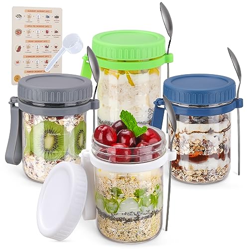 Overnight Oats Containers with Lids and Spoons, 4 Pack 16oz Glass Mason Jars for Overnight Oats with Recipe Card, Ingredients Guide Marks, Measuring Cups and Silicone Straps for Overnight Oats Jars