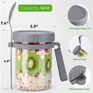 Overnight Oats Containers with Lids and Spoons, 4 Pack 16oz Glass Mason Jars for Overnight Oats with Recipe Card, Ingredients Guide Marks, Measuring Cups and Silicone Straps for Overnight Oats Jars