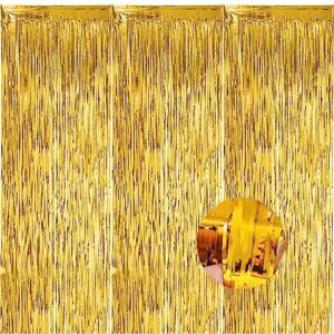 3 pack gold foil fringe backdrop curtains，3.3 ft x 8.2 ft gold door streamers ，gold foil fringe curtain backdrop,for photo background party decorations, graduation decorations