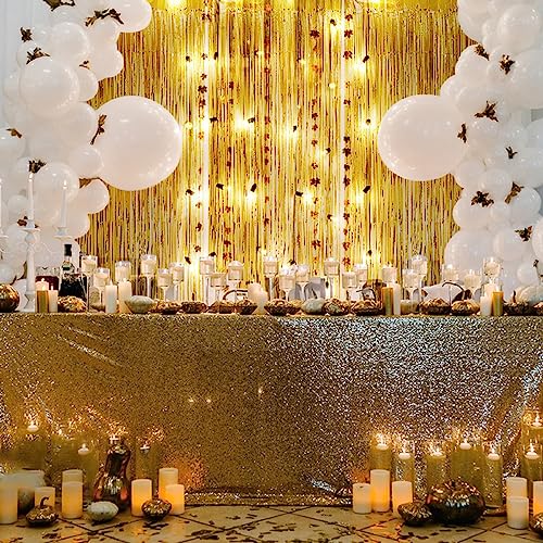 3 Pack Gold Foil Fringe Backdrop Curtains，3.3 ft x 8.2 ft Gold Door Streamers ，Gold foil Fringe Curtain Backdrop,for Photo Background Party Decorations, Graduation Decorations