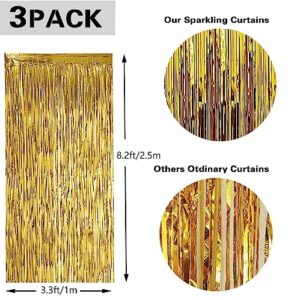 3 Pack Gold Foil Fringe Backdrop Curtains，3.3 ft x 8.2 ft Gold Door Streamers ，Gold foil Fringe Curtain Backdrop,for Photo Background Party Decorations, Graduation Decorations