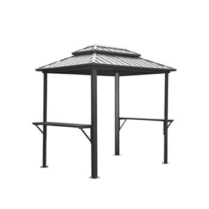 Domi Grill Gazebo 8' × 6', Outdoor Aluminum Frame BBQ Gazebo with Shelves Serving Tables and Hooks, Permanent Double Roof Gazebos for Patio Lawn Deck Garden (Dark Grey)