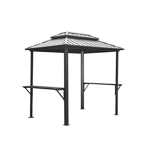 Domi Grill Gazebo 8' × 6', Outdoor Aluminum Frame BBQ Gazebo with Shelves Serving Tables and Hooks, Permanent Double Roof Gazebos for Patio Lawn Deck Garden (Dark Grey)