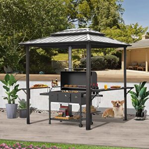 domi grill gazebo 8' × 6', outdoor aluminum frame bbq gazebo with shelves serving tables and hooks, permanent double roof gazebos for patio lawn deck garden (dark grey)