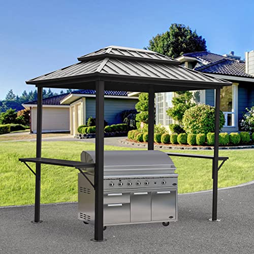 Domi Grill Gazebo 8' × 6', Outdoor Aluminum Frame BBQ Gazebo with Shelves Serving Tables and Hooks, Permanent Double Roof Gazebos for Patio Lawn Deck Garden (Dark Grey)