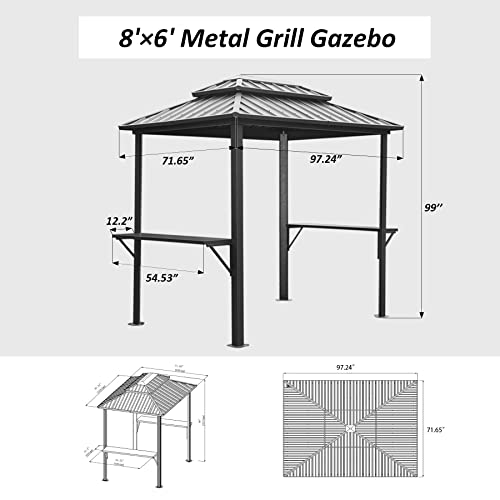 Domi Grill Gazebo 8' × 6', Outdoor Aluminum Frame BBQ Gazebo with Shelves Serving Tables and Hooks, Permanent Double Roof Gazebos for Patio Lawn Deck Garden (Dark Grey)