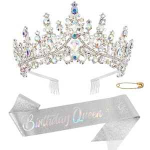 chanaco birthday crown birthday sash birthday crowns for women birthday queen sash silver tiara happy birthday decorations rhinestone headband birthday party gifts