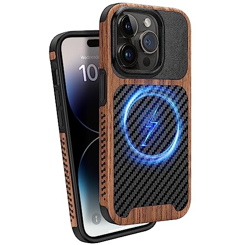 ZZDZZ Magnetic Case Compatible with iPhone 14 Pro Max Case [Compatible with MagSafe] Wood and Leather Carbon Fiber Design Hybrid Shockproof Phone Case (Black)