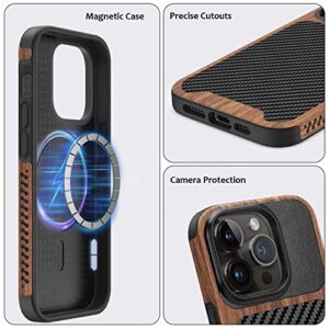 ZZDZZ Magnetic Case Compatible with iPhone 14 Pro Max Case [Compatible with MagSafe] Wood and Leather Carbon Fiber Design Hybrid Shockproof Phone Case (Black)