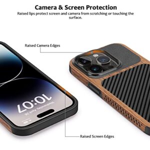 ZZDZZ Magnetic Case Compatible with iPhone 14 Pro Max Case [Compatible with MagSafe] Wood and Leather Carbon Fiber Design Hybrid Shockproof Phone Case (Black)