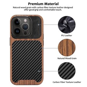 ZZDZZ Magnetic Case Compatible with iPhone 14 Pro Max Case [Compatible with MagSafe] Wood and Leather Carbon Fiber Design Hybrid Shockproof Phone Case (Black)