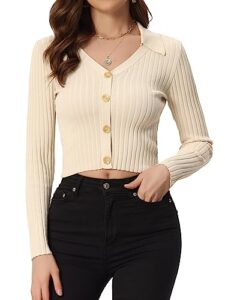 allegra k v neck crop knit sweater tops for women's ribbed casual long sleeve solid top medium beige