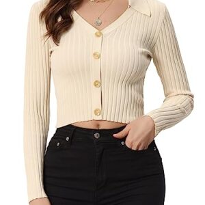 Allegra K V Neck Crop Knit Sweater Tops for Women's Ribbed Casual Long Sleeve Solid Top Medium Beige