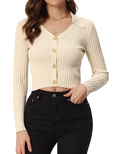 Allegra K V Neck Crop Knit Sweater Tops for Women's Ribbed Casual Long Sleeve Solid Top Medium Beige