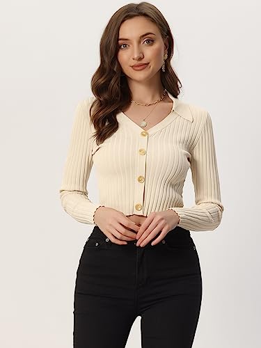 Allegra K V Neck Crop Knit Sweater Tops for Women's Ribbed Casual Long Sleeve Solid Top Medium Beige