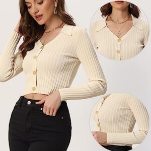 Allegra K V Neck Crop Knit Sweater Tops for Women's Ribbed Casual Long Sleeve Solid Top Medium Beige