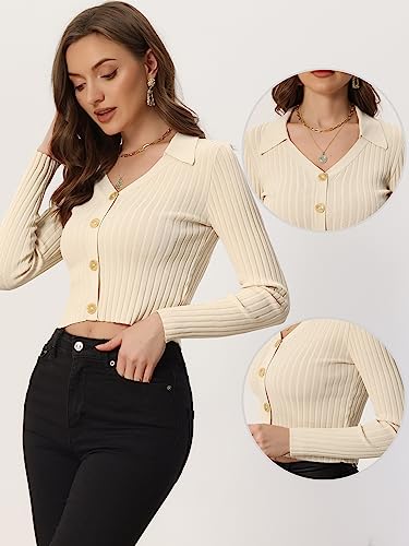 Allegra K V Neck Crop Knit Sweater Tops for Women's Ribbed Casual Long Sleeve Solid Top Medium Beige