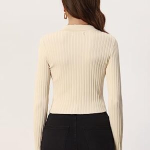 Allegra K V Neck Crop Knit Sweater Tops for Women's Ribbed Casual Long Sleeve Solid Top Medium Beige