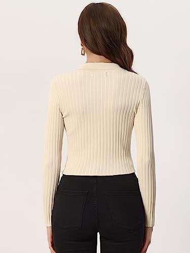 Allegra K V Neck Crop Knit Sweater Tops for Women's Ribbed Casual Long Sleeve Solid Top Medium Beige