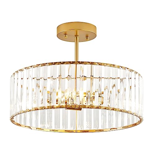 VIOLOEMI Modern Gold Semi Flush Mount Ceiling Light Crystal 3-Light Living Room Ceiling Lamp 15.75 Inch Kitchen Light Fixture for Bedroom Dinner Room Bathroom Entryway (Bulb Not Include)