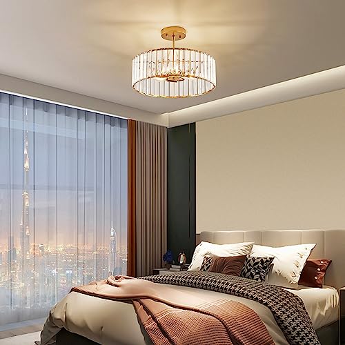 VIOLOEMI Modern Gold Semi Flush Mount Ceiling Light Crystal 3-Light Living Room Ceiling Lamp 15.75 Inch Kitchen Light Fixture for Bedroom Dinner Room Bathroom Entryway (Bulb Not Include)