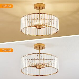 VIOLOEMI Modern Gold Semi Flush Mount Ceiling Light Crystal 3-Light Living Room Ceiling Lamp 15.75 Inch Kitchen Light Fixture for Bedroom Dinner Room Bathroom Entryway (Bulb Not Include)