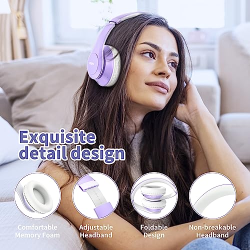 Uliptz Wireless Bluetooth Headphones, 65H Playtime, 6EQ Sound Modes, HiFi Stereo Over Ear Headphones with Microphone, Foldable Bluetooth 5.3 Headphones for Travel/Office/Cellphone/PC (Purple)
