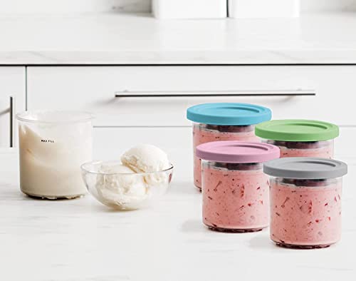 Pints 4 Pack, Compatible with NC299AMZ & NC300s Series Creami Ice Cream Makers, BPA-Free & Dishwasher Safe, Color Lids, 1, Clear/Grey/Lime/Pink/Acqua